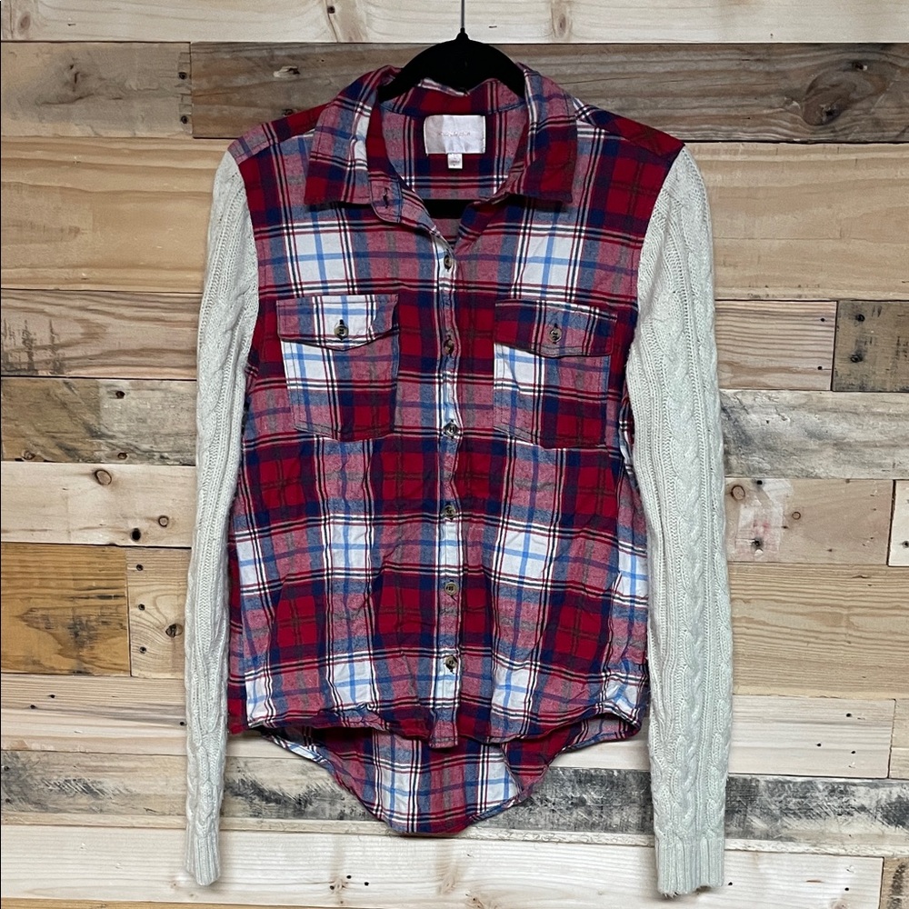 Skies Are Blue size L Red & Blue Plaid Button Down Shirt with Sweater Sleeves
